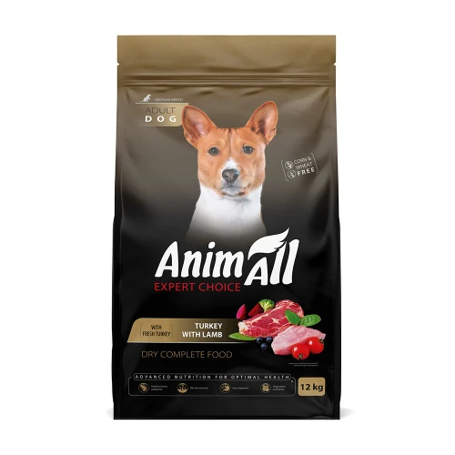 Сухий корм AnimAll для дорослих собак середніх порід, зі свіжою індичкою та ягням, 12 кг