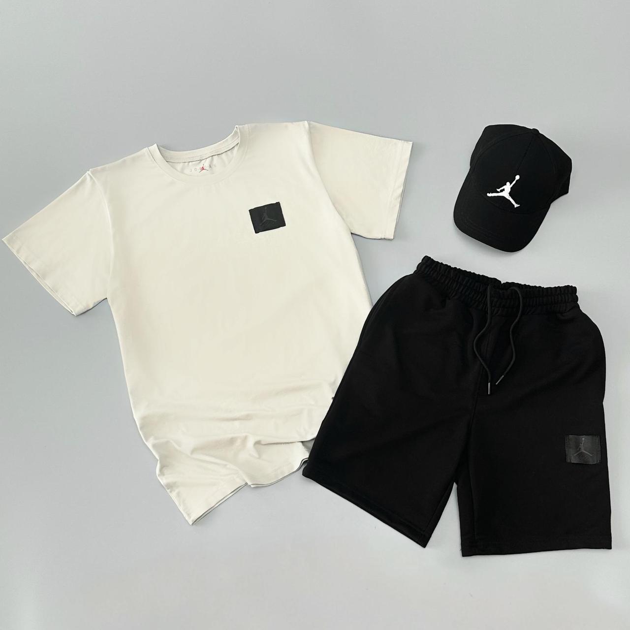 Літній комплект футболка + шорти + кепка Air Jordan нашивка молочний