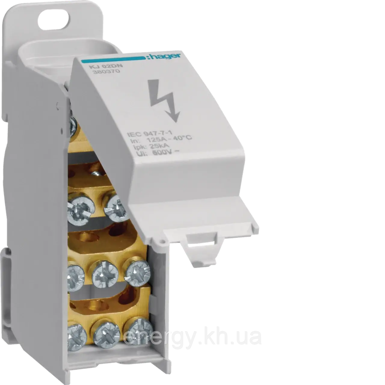 KJ02DN Hager - Розподільний блок 1П 125A - вхід 1х35 мм2 / вихід 2х25 мм2 + 6х16 мм2, фото 1