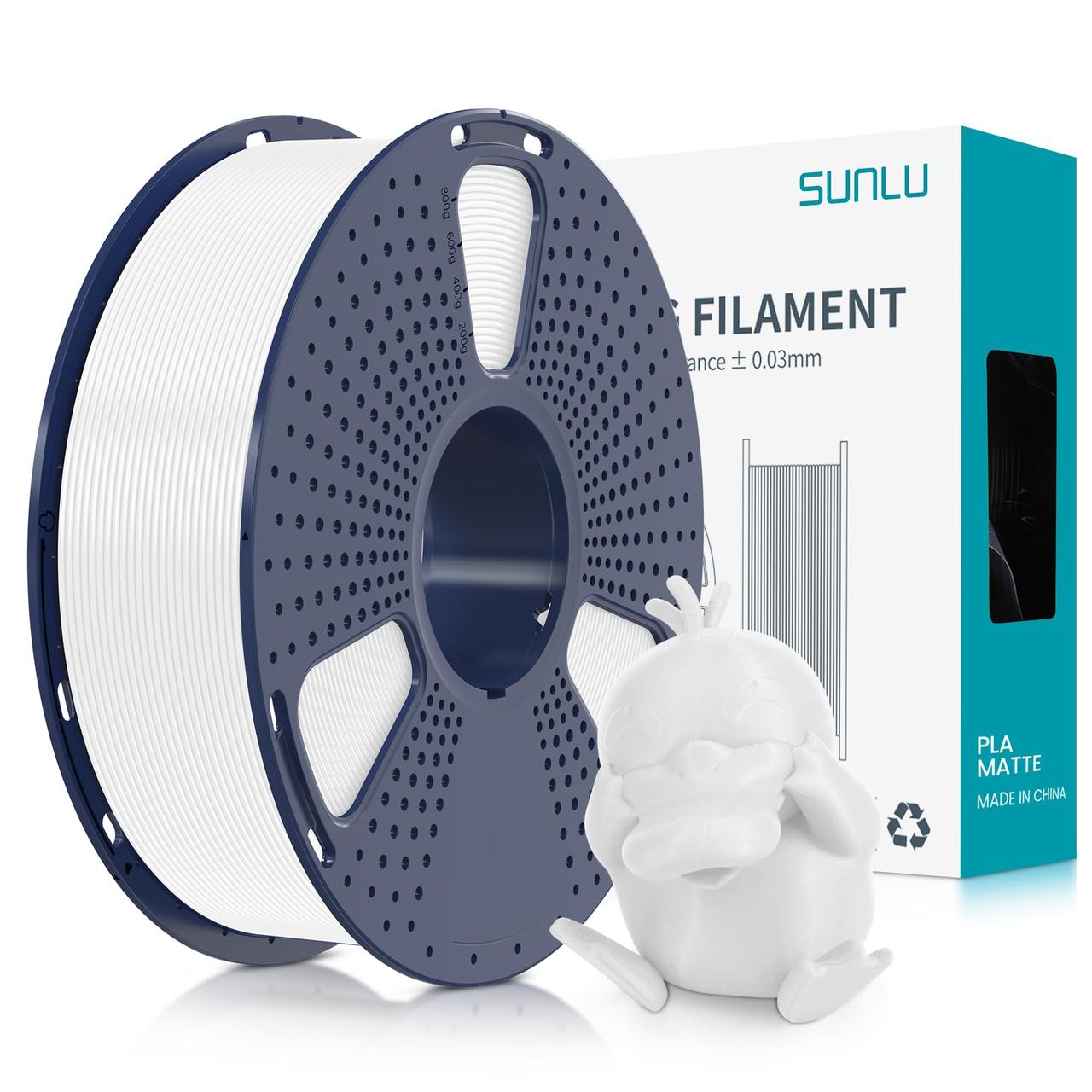 Пластик филамент SUNLU PLA Matte White, 1.75mm, 1kg, Білий