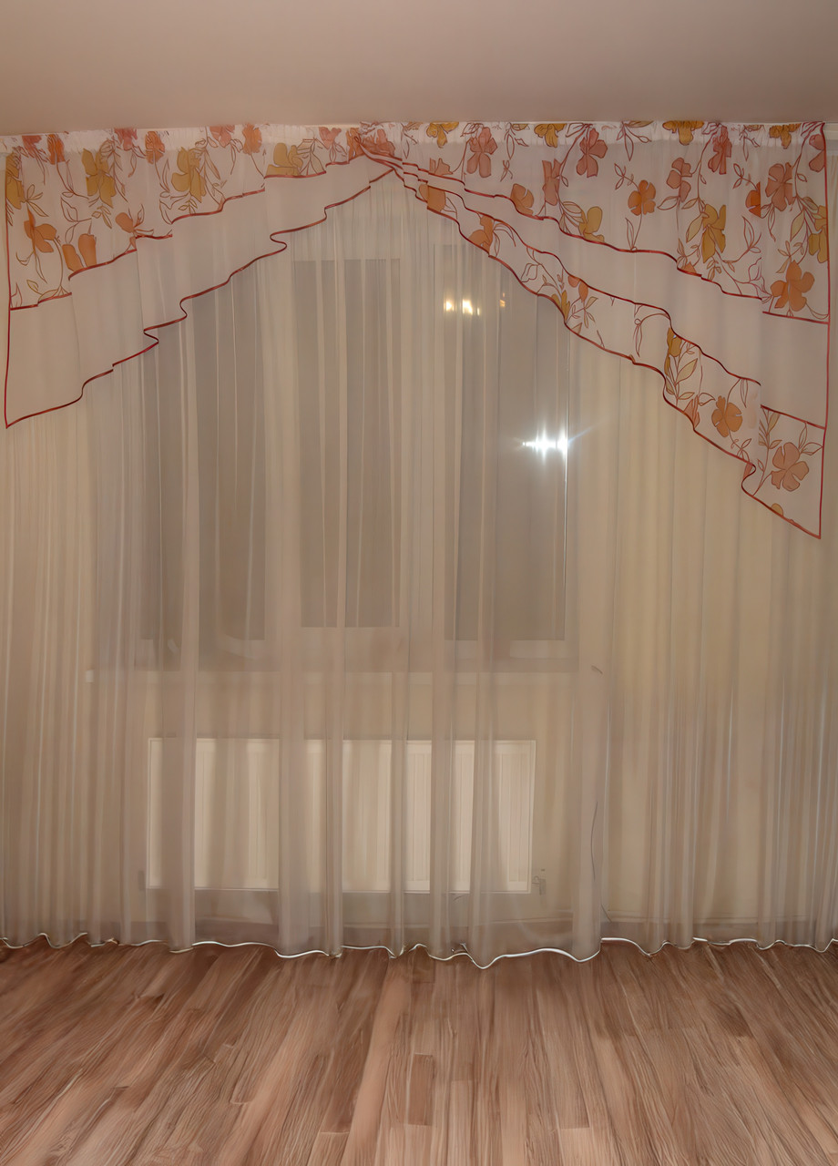 Ламбрекен Firanka Дві Асиметрії квіти карниз 250см білий з пісочним (92_4пб), фото 1