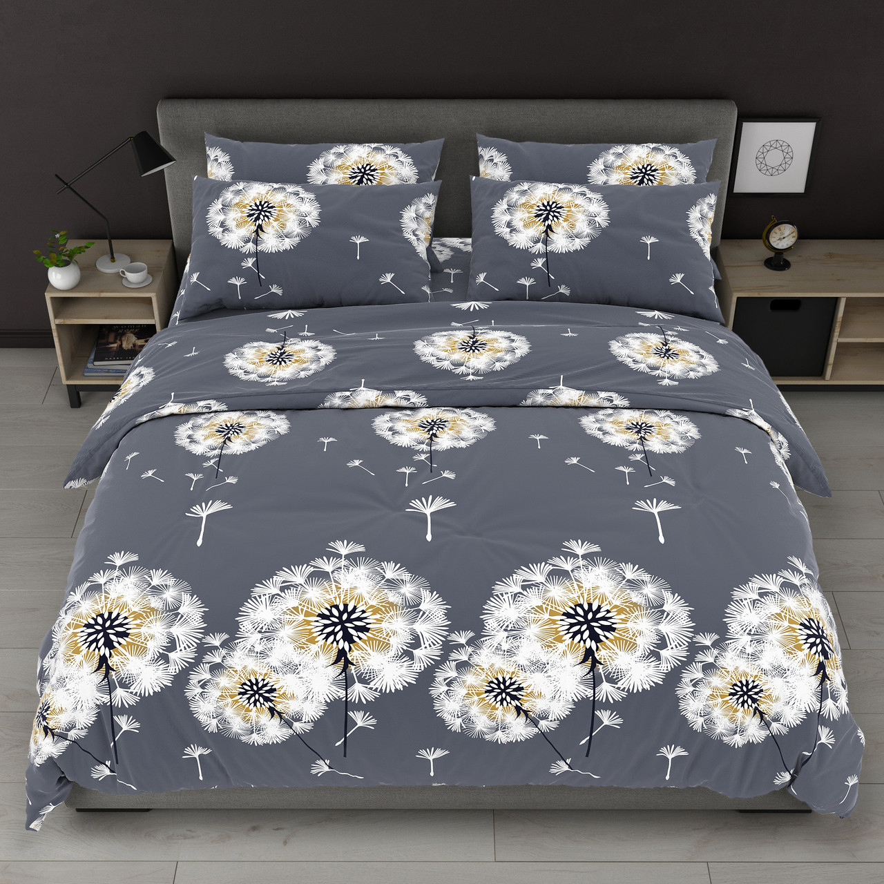 Простирадло 150х220 (Бязь) | Полуторне простирадло від виробника "Королева Ночі" | Кульбабки на сіро-синьому, фото 1