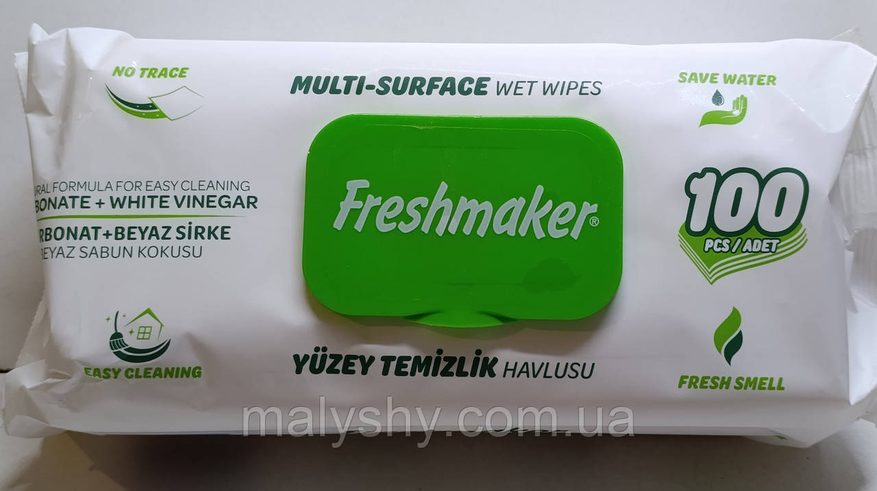 Вологі серветки для прибирання Freshmaker Multi-Surface 100 шт. з оцтом та содою / зелений клапан