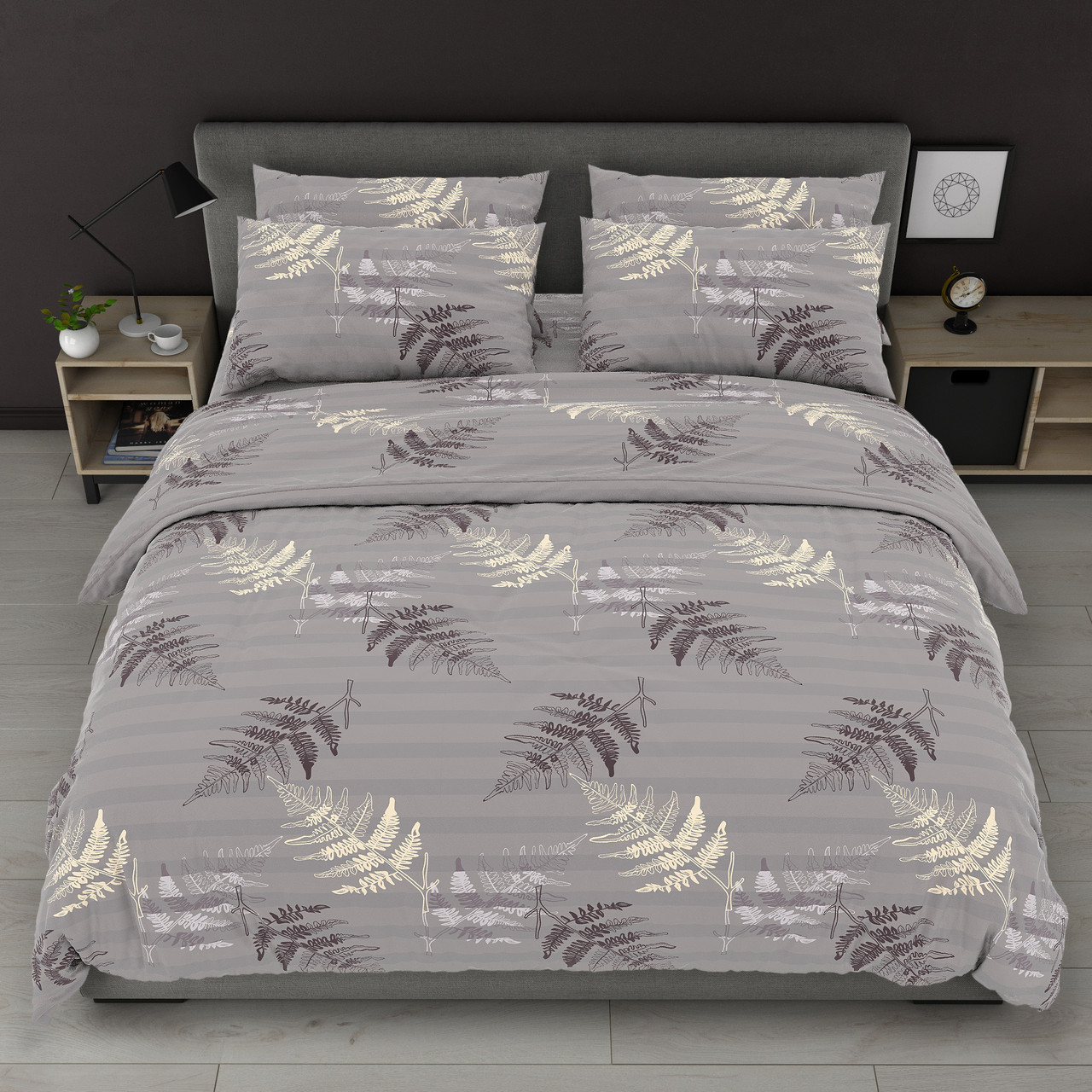 Наволочка на блискавці 70х70 (Бязь) | Від виробника "Королева Ночі" | Папороть на сіро-коричневому, фото 1