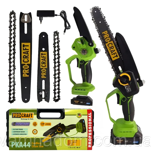 Акумуляторна мініпила Procraft PKA44 у кейсі (2 акумулятори, зарядне, 2 шини + 2 ланцюги), фото 1