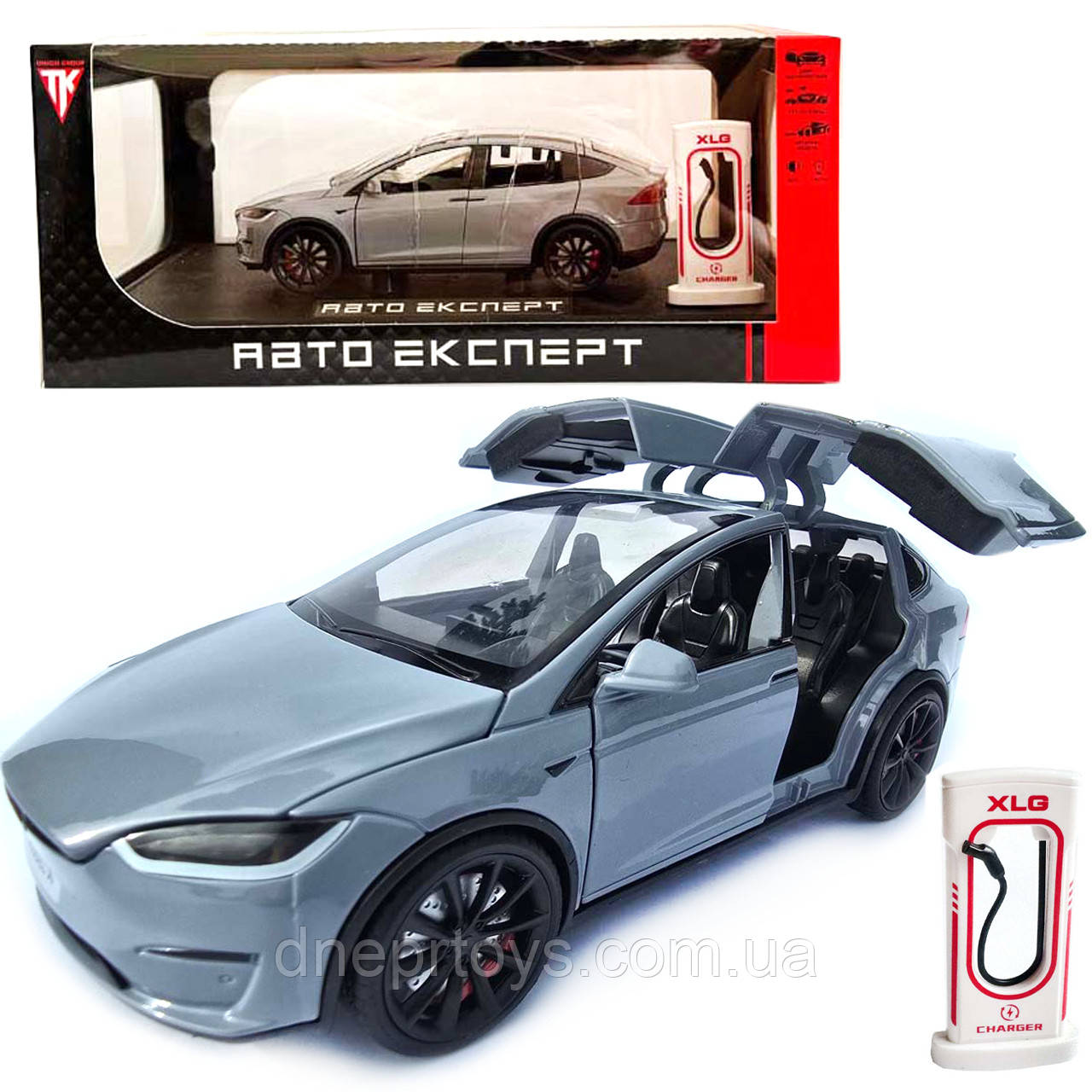 Машинка метал Tesla model X електрокар сіра Тесла 1:24 відкр двері баг капот звук світло 17,5*7,5*5,5см (EL 97188)