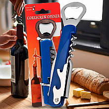 Універсальний багатофункціональний штопор для відкривання пляшок KitchenExpert 3в1 14 см Синій (YAB)