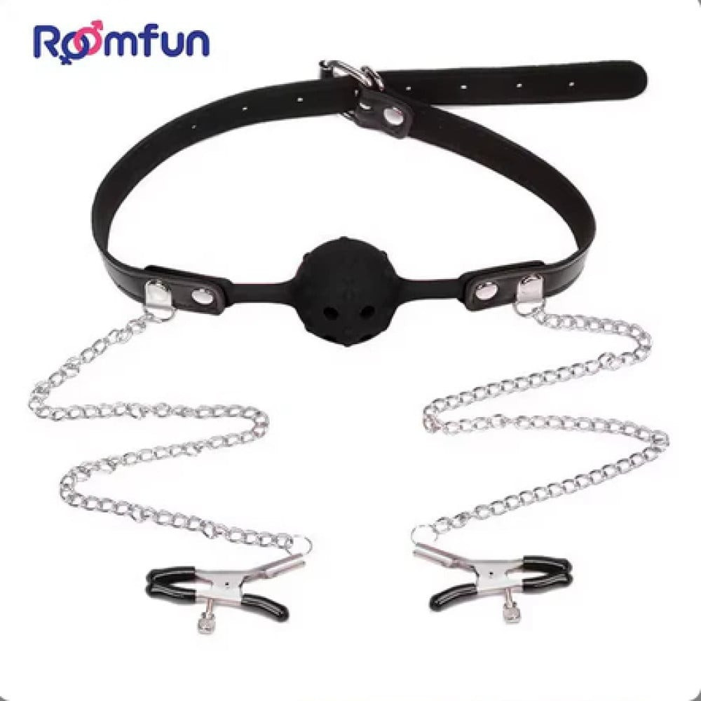 Кляп-кулька з отворами Roomfun і затискачами для сосків, чорний, фото 1