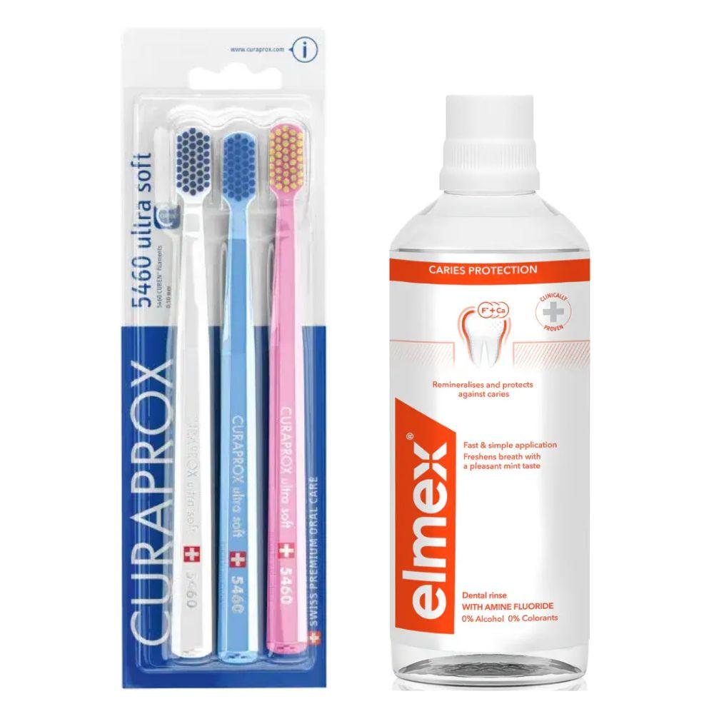 Набір зубних щіток Curaprox CS 5460/3 Ultra Soft d 0,10 мм (3 шт) + ополіскувач Elmex Caries Protection захист від карієсу