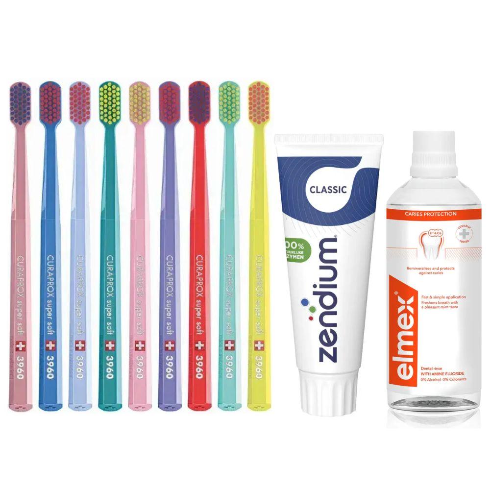 Зубна щітка Curaprox CS3960 Super Soft + паста Zendium Classic для зубів та ясен + ополіскувач Elmex Caries Protection від карієсу