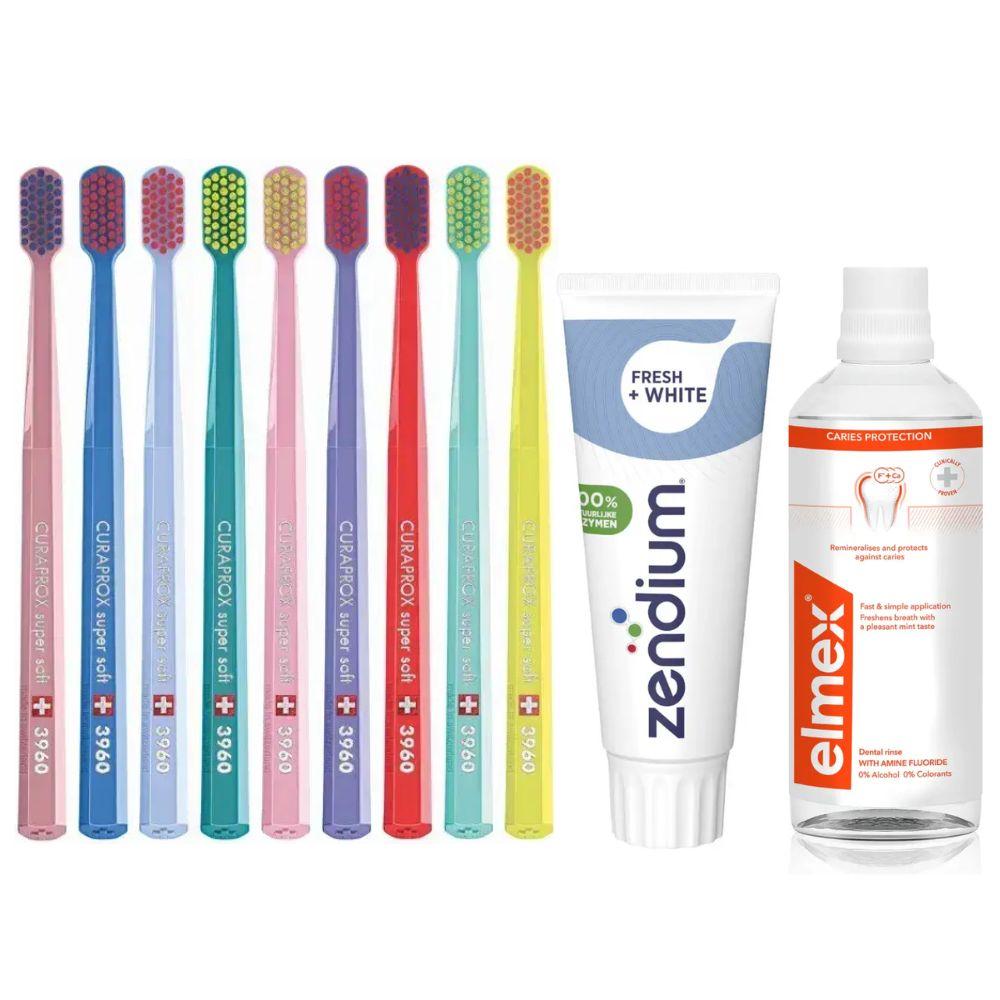 Зубна щітка Curaprox CS 3960 Super Soft + паста Zendium Fresh+White для відбілювання + ополіскувач Elmex Caries Protection