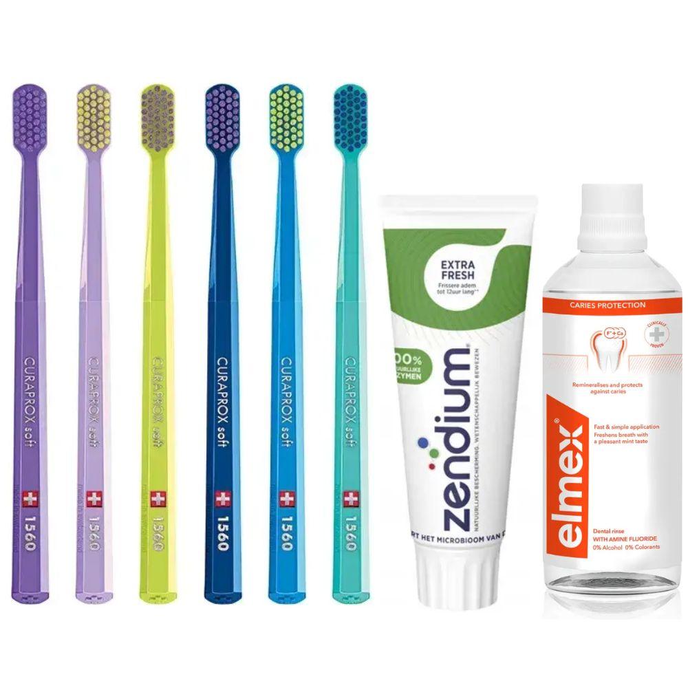 Зубна щітка Curaprox CS 1560 Soft + паста Zendium Extra Fresh свіжість та захист + ополіскувач Elmex Caries Protection від карієсу