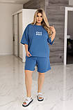 Літній жіночий костюм з принтом міу міу великих розмірів спортивний костюм футболка і шорти на літо, фото 3