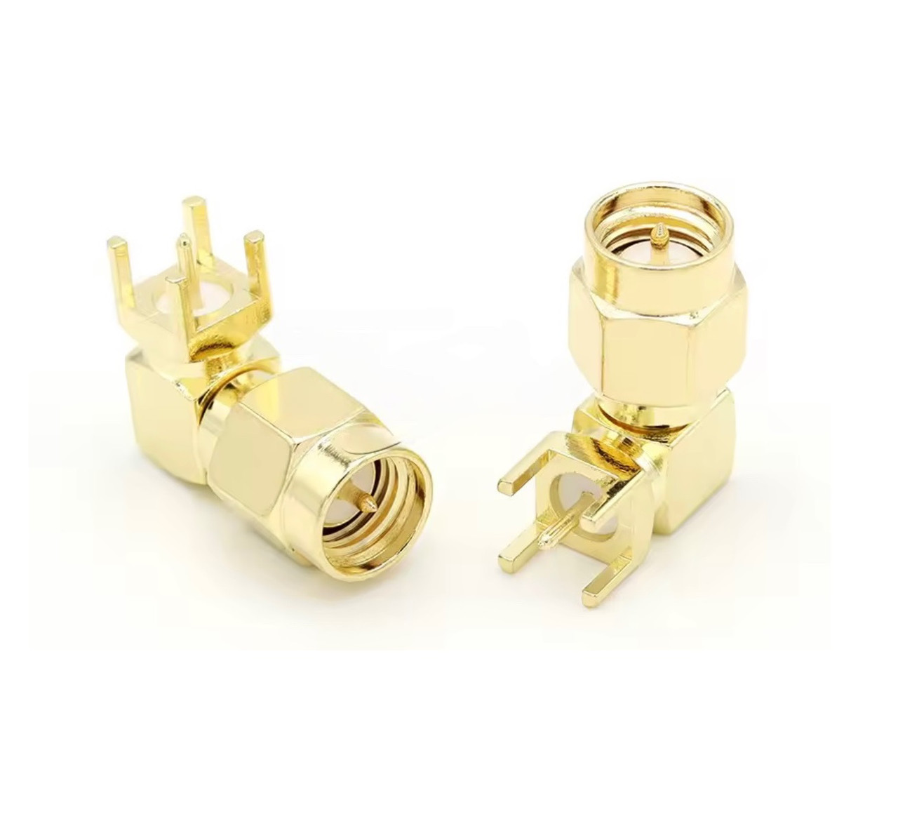 Конектор SMA-Male під пайку, для кріплення на плати, 4мм між кріпленнями маси, кутовий