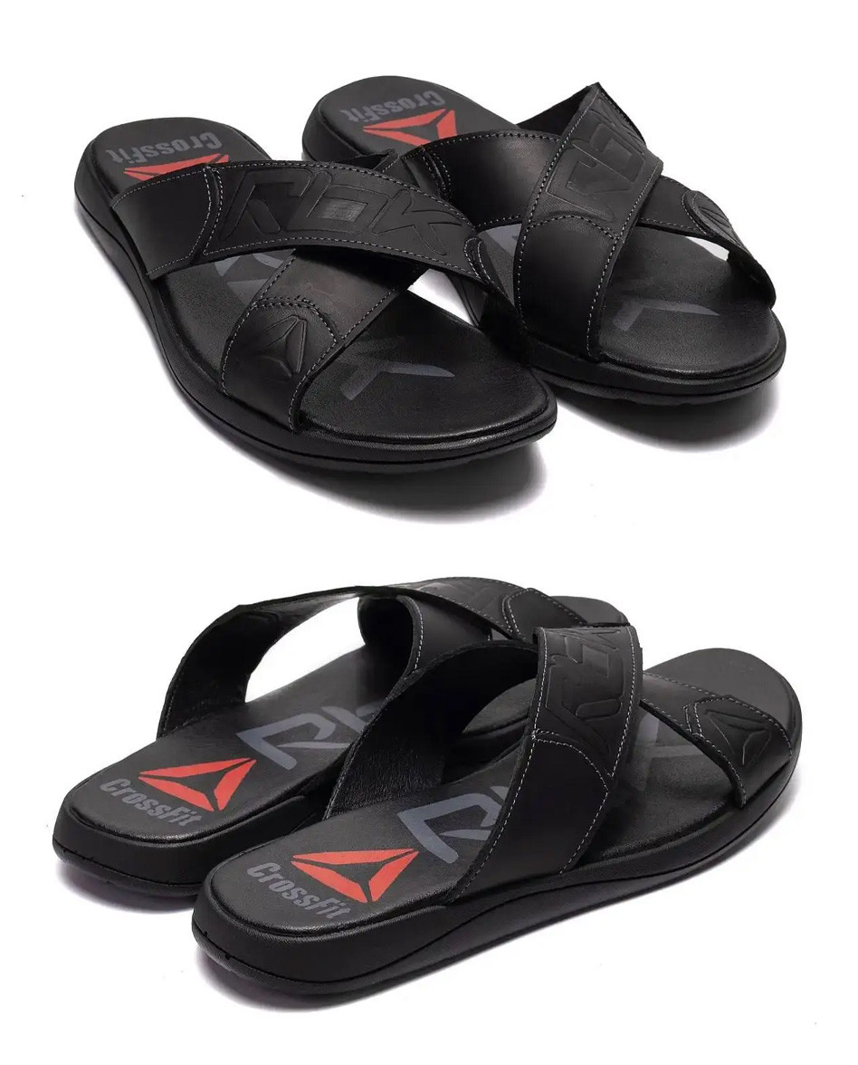 Чоловічі шкіряні літні шльопанці-сланці Reebok CrossFit. Літні чоловічі шльопанці чорні. Чоловіче літнє взуття, фото 1