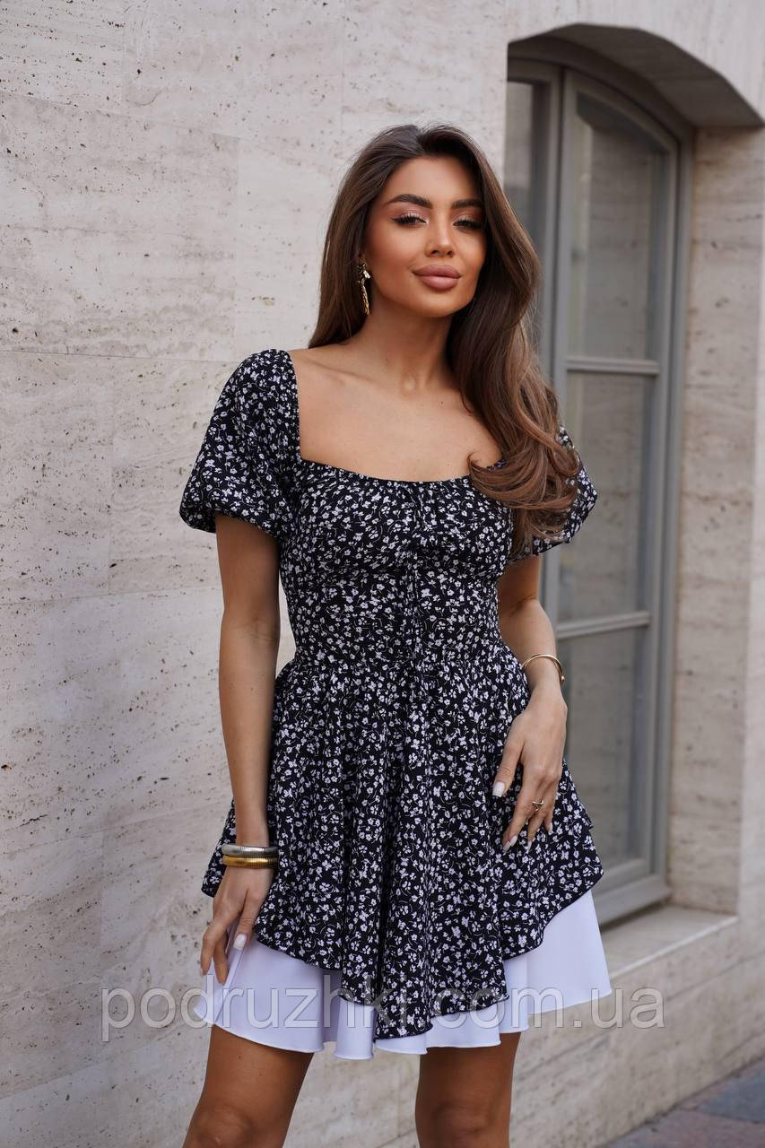 Легка літня сукня на шнурівці з двошаровою спідницею Тканина: софт принт Розмір: 42-44, 46-48, фото 1