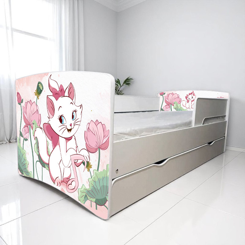 Ліжко для дівчинки Кішечка Марі з шухлядою на ламелях + захисний бортик, фото 1