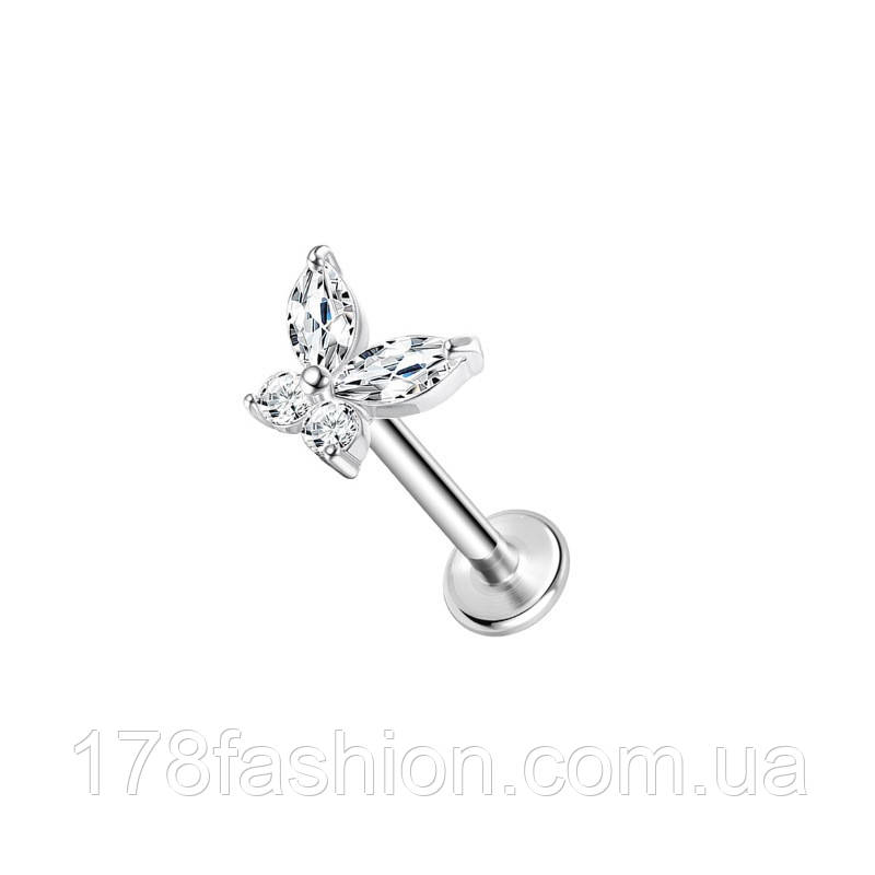Лабрет для пірсингу губи метелик під срібло, фото 1