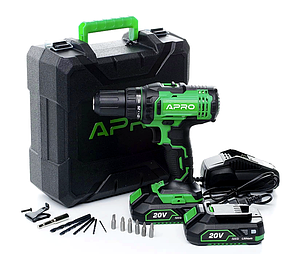 Дриль-шуруповерт акумуляторний 40Нм 20В 2А·ч APRO 20D (895030) кейс, 2 АКБ, ЗУ, фото 2