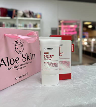 Сонцезахисний крем для звуження пір Medi-Peel Red Lacto Peptide Collagen Pore Lifting Sun Screen SPF 50+ PA++++ 50мл, фото 2