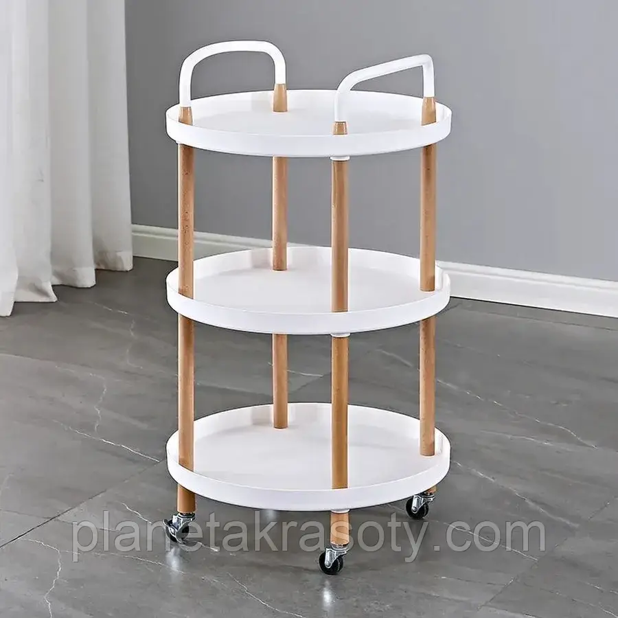 Столик візок для майстра б'юті сфери круглий на 3 полиці (молочний), фото 1