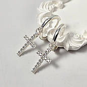 Сережки конго срібні з підвісками хрестиками та білими фіанітами