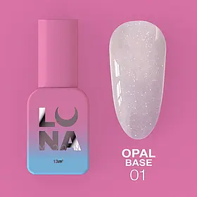 LunaMoon Opal Base №01 (13 мл.) - блискуча кольорова база для покриття та вирівнювання нігтів