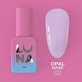 LunaMoon Opal Base №02 (13 мл.) - блискуча кольорова база для покриття та вирівнювання нігтів