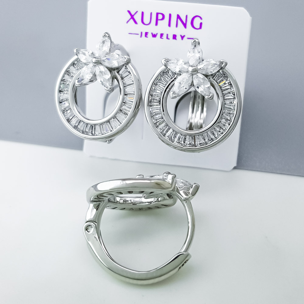 Сережки Дві Квітки з багетним цирконієм, англ.замок, медичне золото Xuping, родій, фото 1