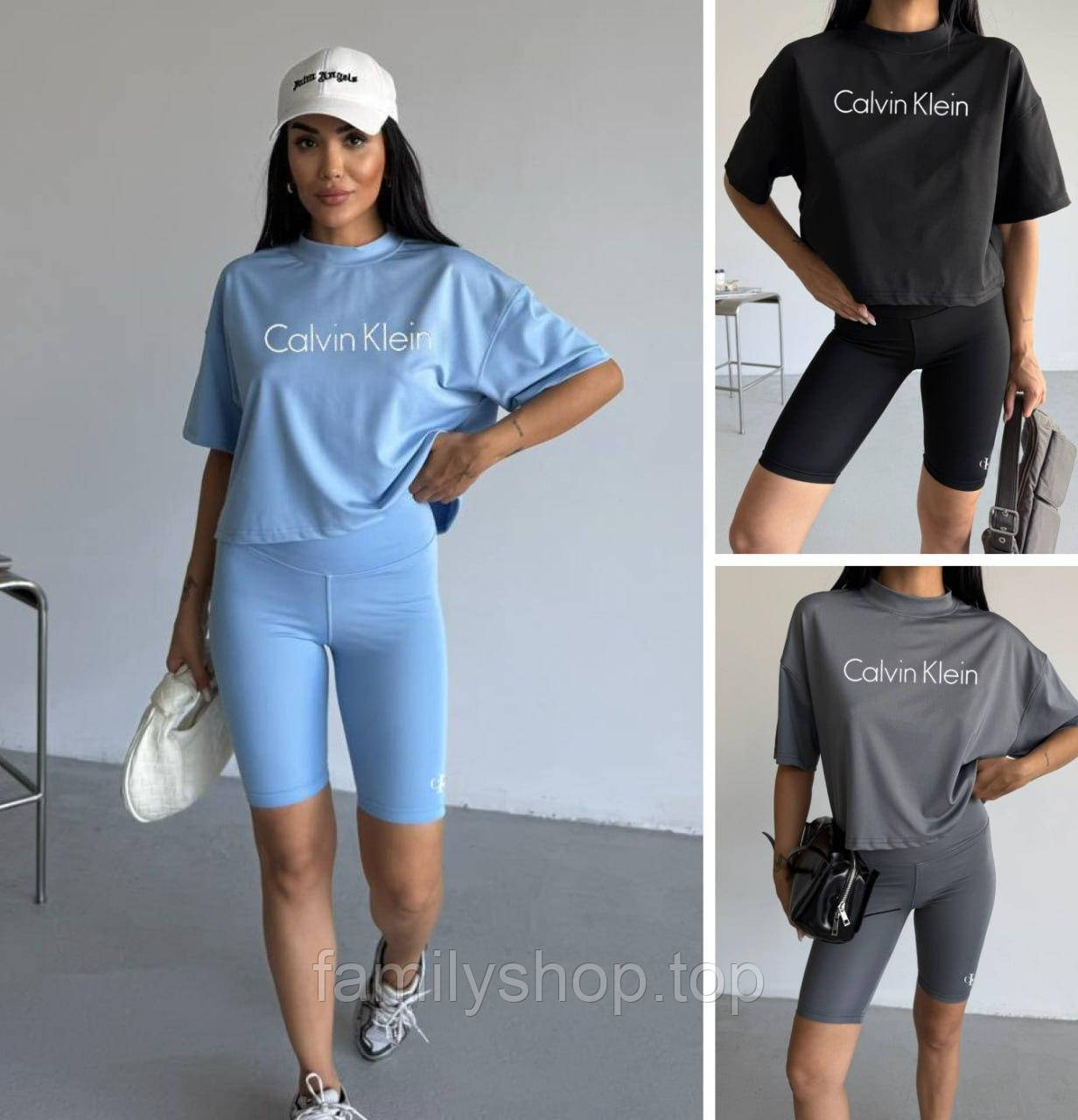 Літній костюм жіночий велосипедки та футболка Calvin Klein модний спортивний повсякденний, блакитний, чорний, фото 1