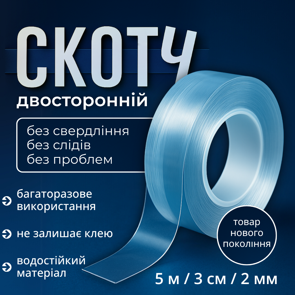 Нано скотч ivy grip tape, багаторазова клейка стрічка, двостороння клейка лента Hechpro (DT5M)