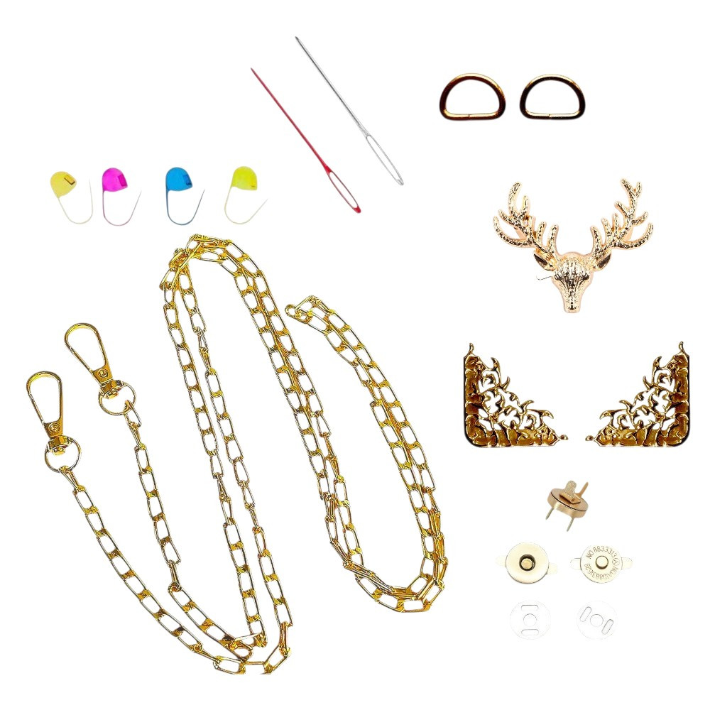 Набір - Замок Олень колір золото + Кутки для клапана №1 + Ручка-ланцюжок Фурнітура для сумки, фото 1