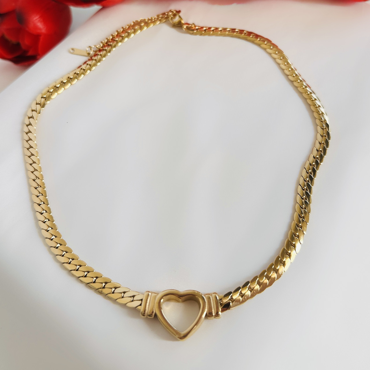 Підвіска широкий ланцюжок на шию Серце Біжутерія з медичного золота Гіпоалергенні прикраси, фото 1