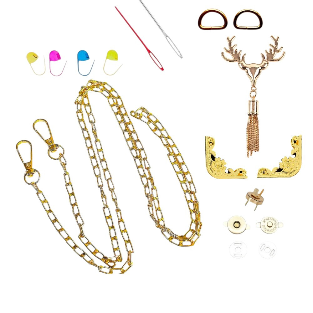 Набір - Замок Олень колір золото з висюлькою + Куточки для клапана №8 + Ручка-ланцюжок Фурнітура для сумки, фото 1