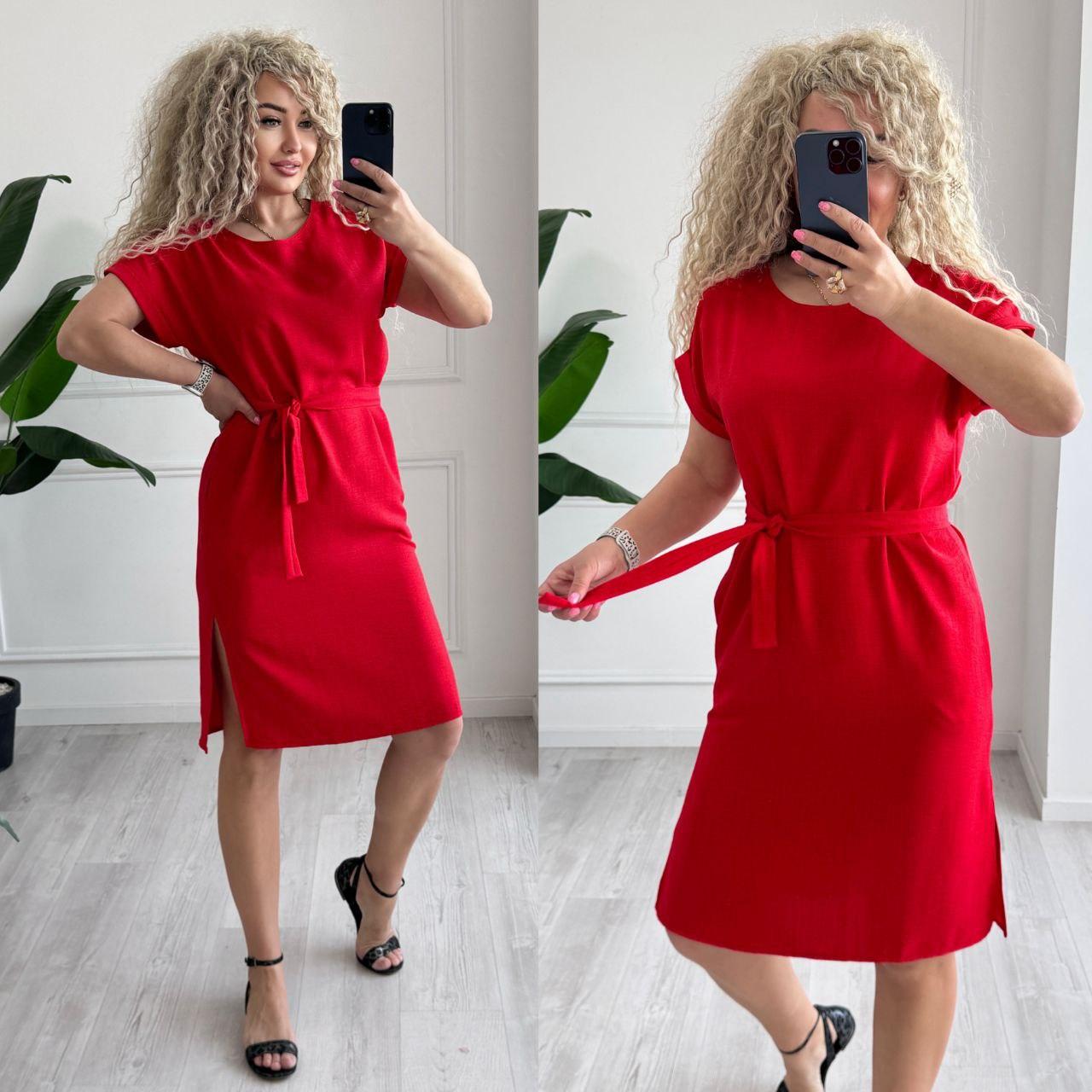 Жіноче плаття міді вільного крою з поясом і короткими рукавами (р. 42-52) 7036016, фото 1