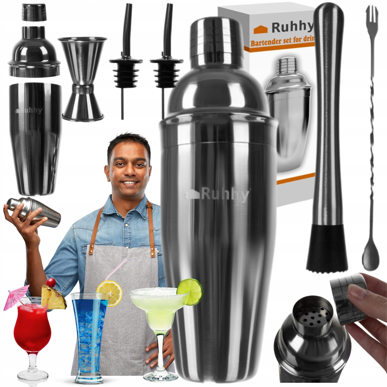 Набір бармена Ruhhy 21508 — 6 предметів, шейкер 700 мл, фото 1