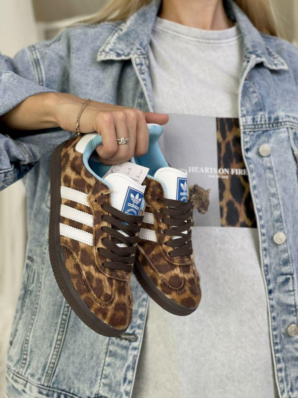 Леопардові шкіряні жіночі кросівки Adidas Samba Nylon Wales Bonner Dark Brown Leopard, фото 1