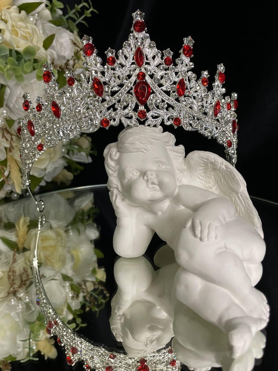 Діадема на петлях з камінням Swarovski Срібляста 15х6.5 см Тіара з червоним камінням, фото 1