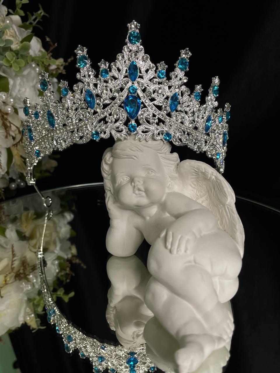 Діадема на петлях Срібляста з блакитним камінням Стильна тіара для випускного Корона для нареченої, фото 1