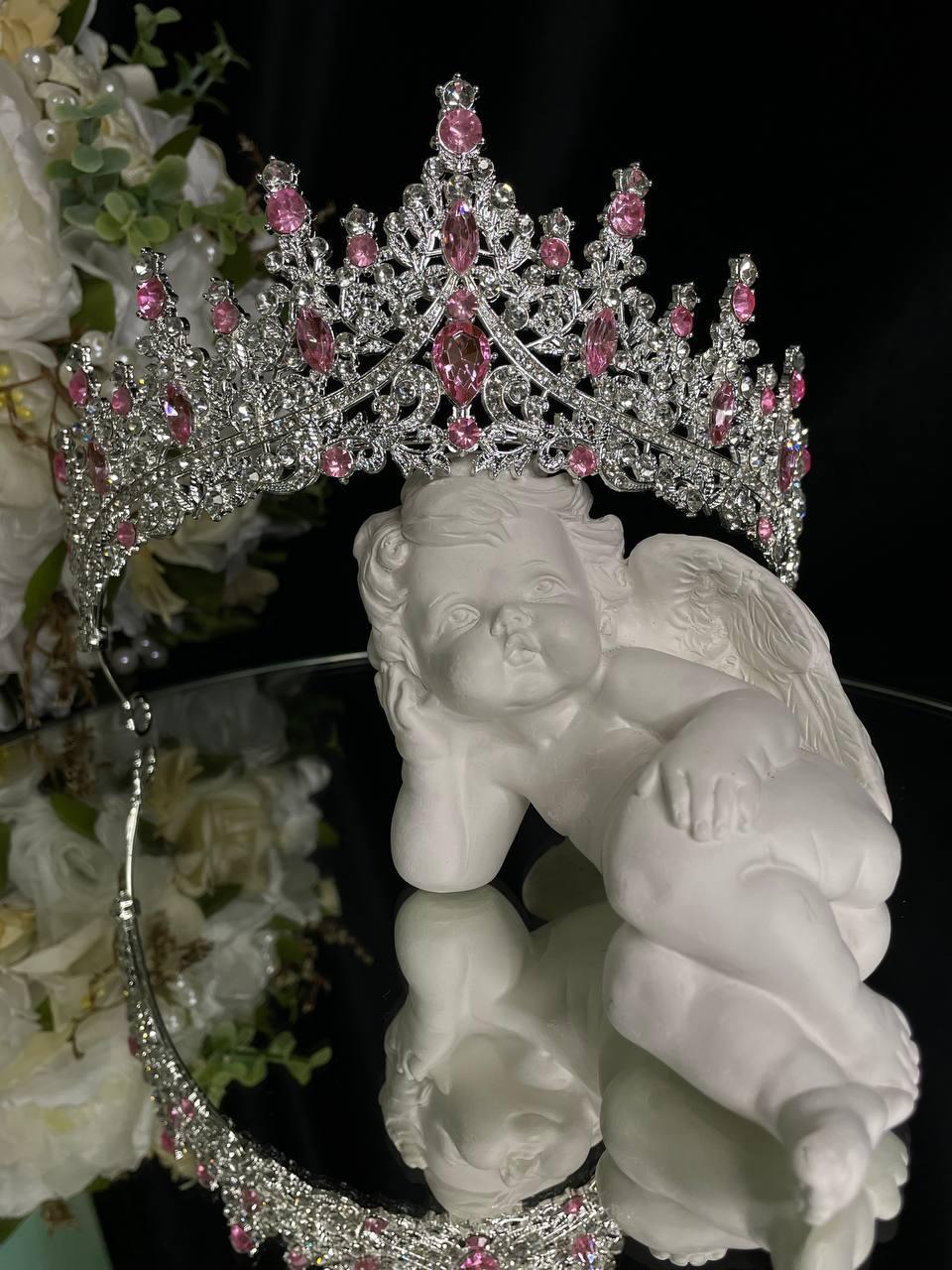 Діадема на петлях з камінням Swarovski Срібляста з рожевим камінням 15х6.5 см Діадема інкрустована камінням, фото 1
