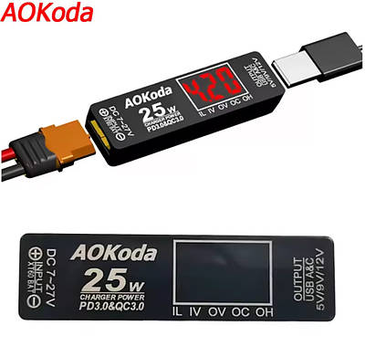 Перетворювач живлення AOKoda XT60 → USB-A/C PD3.0 QC 3.0, 25 Вт, 7-27В, заряджання телефонів від FPV АКБ