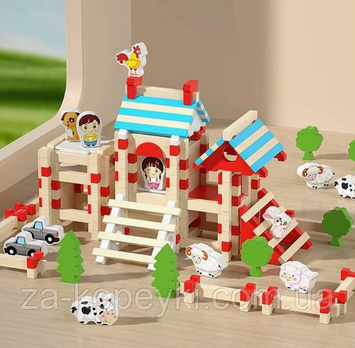 Дерев’яний конструктор Моя Ферма з фігурками 105 деталей + 13 фігур, фото 1