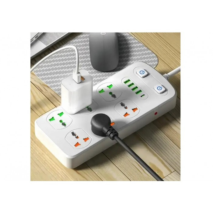 Мережевий подовжувач фільтр CP05 на 6 розеток, 4 USB, 1Type-C, 2 метри Білий, фото 1