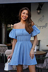 Фантастична повітряна жіноча блакитна літня кльошна сукня з рукавами-ліхтариками з натурального мусліну