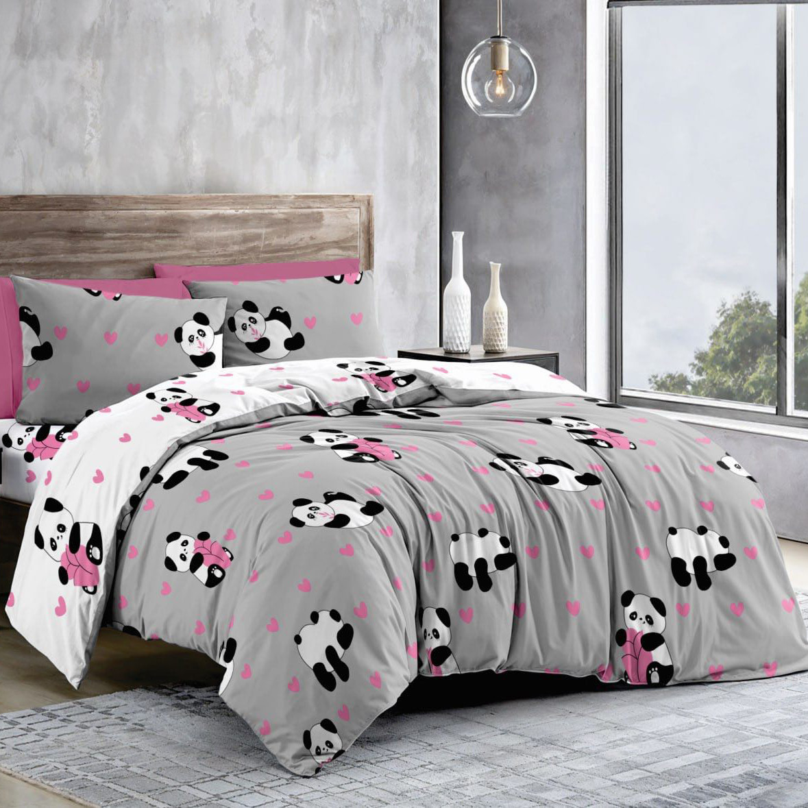 Наволочка на блискавці 70х70 (Бязь) | Від виробника "Королева Ночі" | Панди на сірому та білому, фото 1