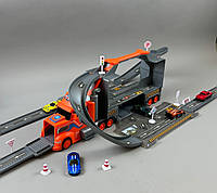 Трейлер-автовіз з машинками "Паркінг" XG879-112-113, 4 машинки, вертоліт, знаки, трек