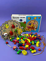 Шнурівка дерев'яна "Їжачок" 25916 "WToys",кольорові намистини, шнурок, в коробці