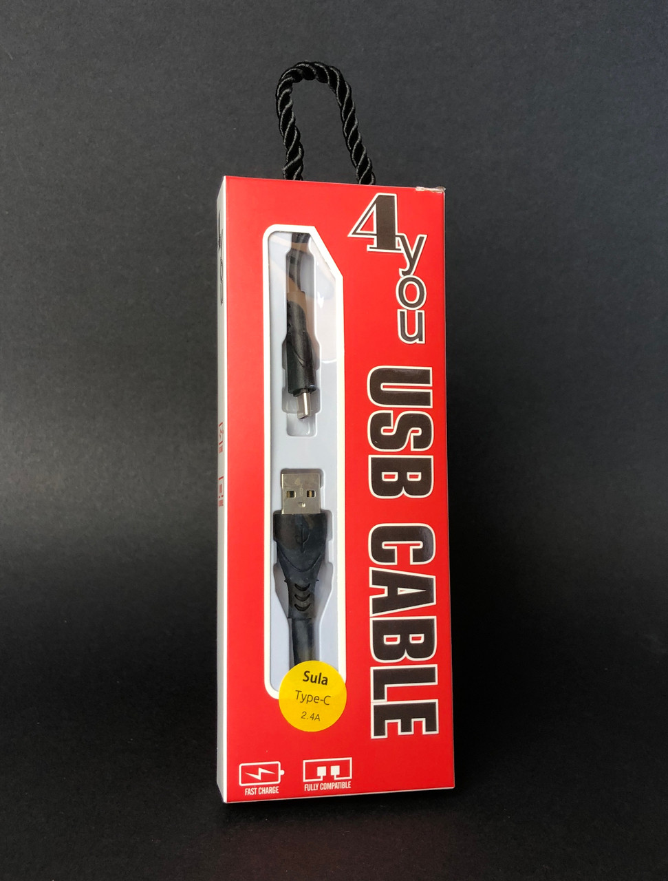 Кабель Usb Type-C 4you Sula black (2.4A, 1м, плоский, Silicone), фото 1