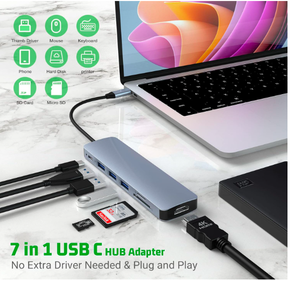 USB-хаб HOPDAY C, адаптер 7 в 1 USB C, для MacBook Pro/Air iPad Pro, USB C - HDMI D