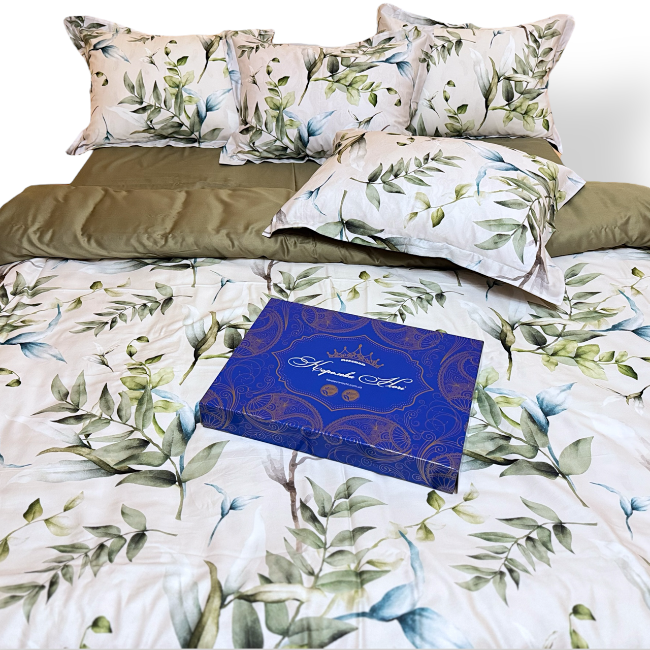 Наволочка на блискавці 70х70 (Сатин Premium) | Від виробника "Королева Ночі" | Рослини на світло-сірому та оливковому, фото 1